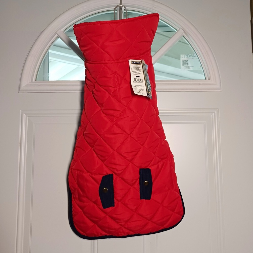 Pup Crew Quilted Dog Coat/Jacket XL Red w/ Navy Trim Polyester Fall Winter